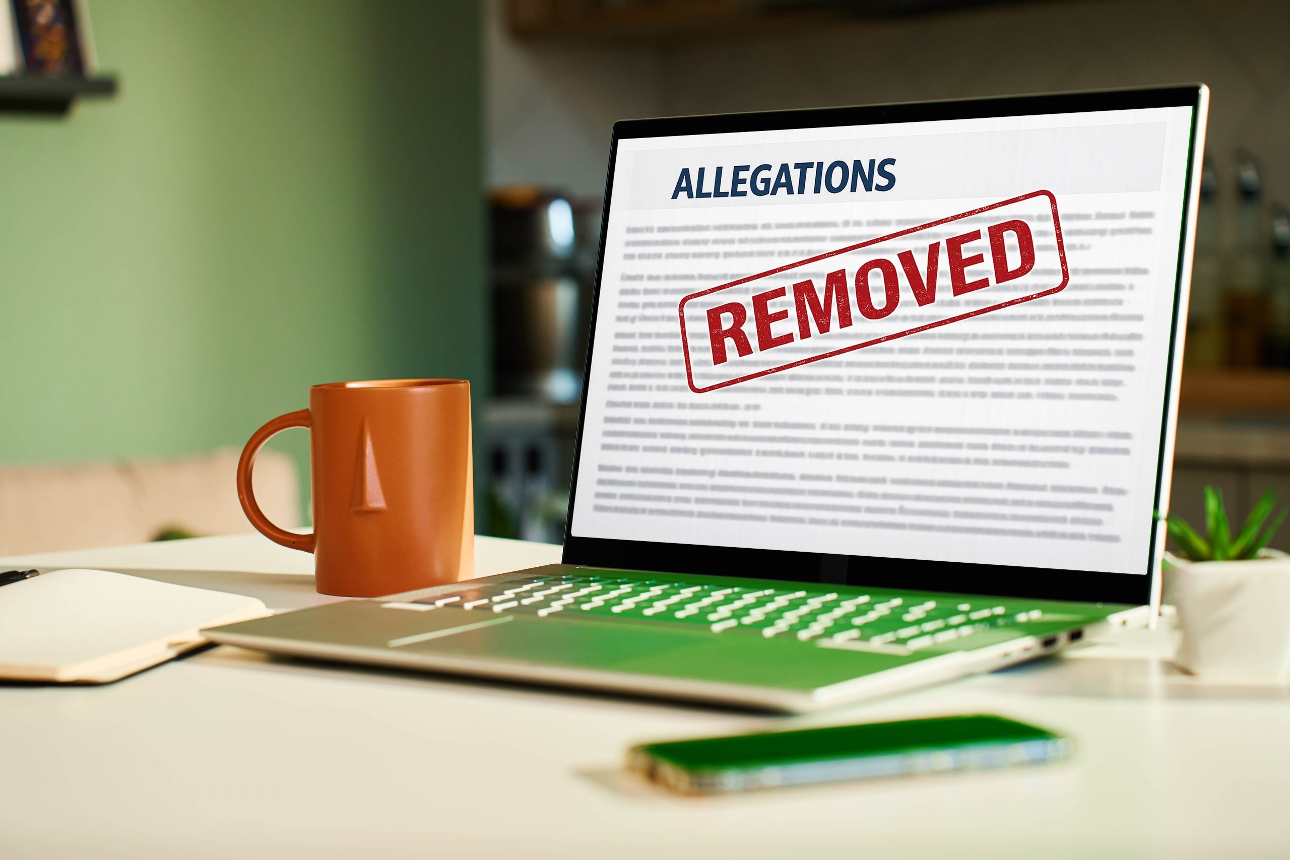 laptop with green screen display on desk in kitchen at home. remote workplace